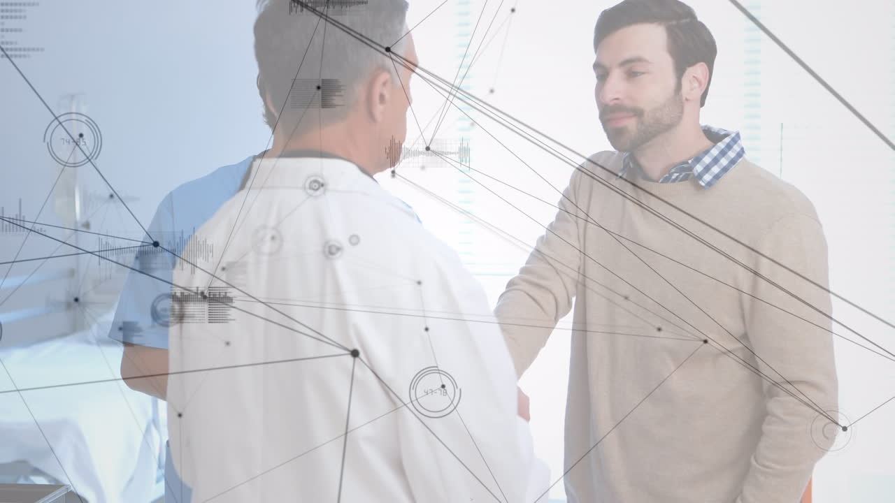 animación de conexiones sobre un médico masculino caucásico y pacientes hablando