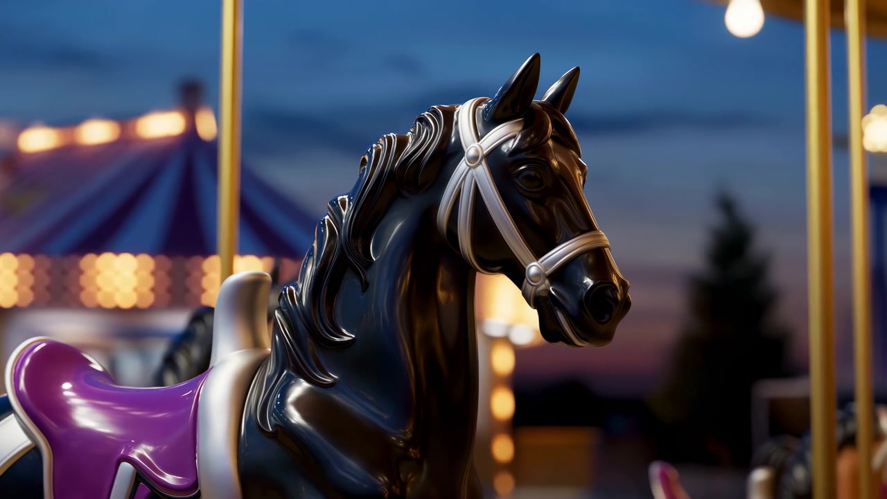 Primo piano a tre quarti di una testa di cavallo da giostra nera lucida montata su un palo lucidato, dotata di una briglia decorativa di colore chiaro e una sella viola scuro, con luci sfocate del luna park che brillano.
