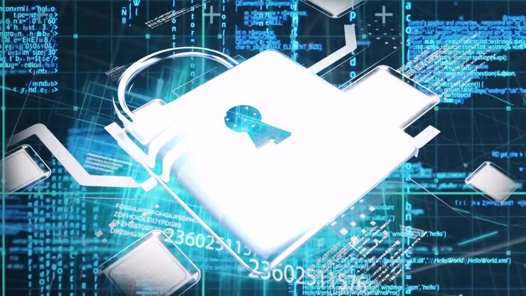 Padlock icon floating over glowing grid, with code snippets and network lines connecting nodes