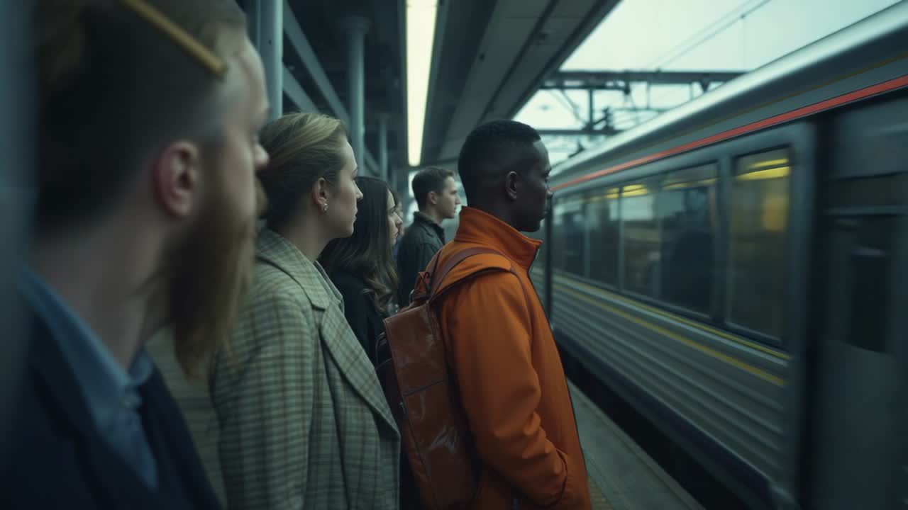 Noticing approaching train, five commuters leaning at transit platform waiting to board, copy space