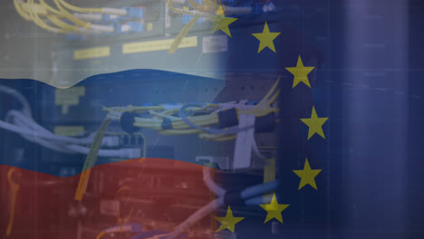 Animation-of-flags-of-eu-and-russia-over-server-room