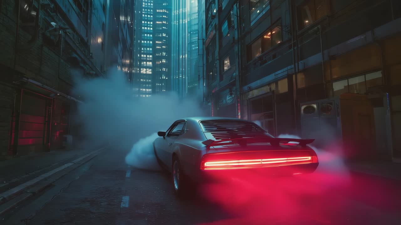 Futuristic Car Drifting with Red Smoke in a Night City Alley
