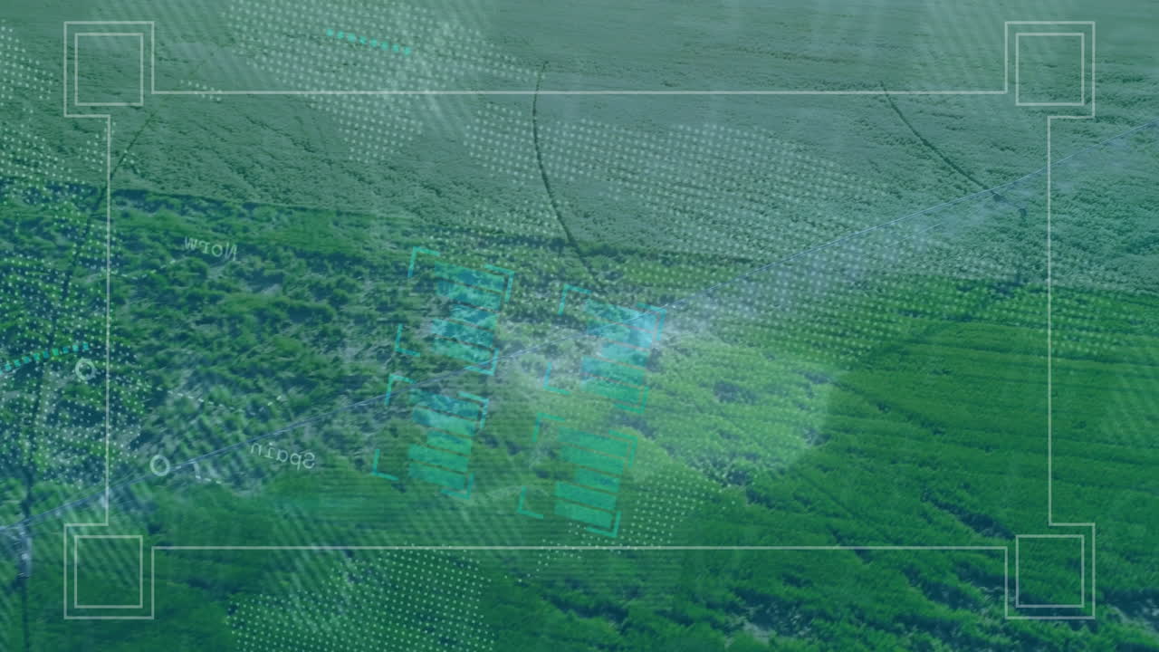 Green farmland receiving scanning UI overlay, displaying turquoise brackets, grid lines, reticles