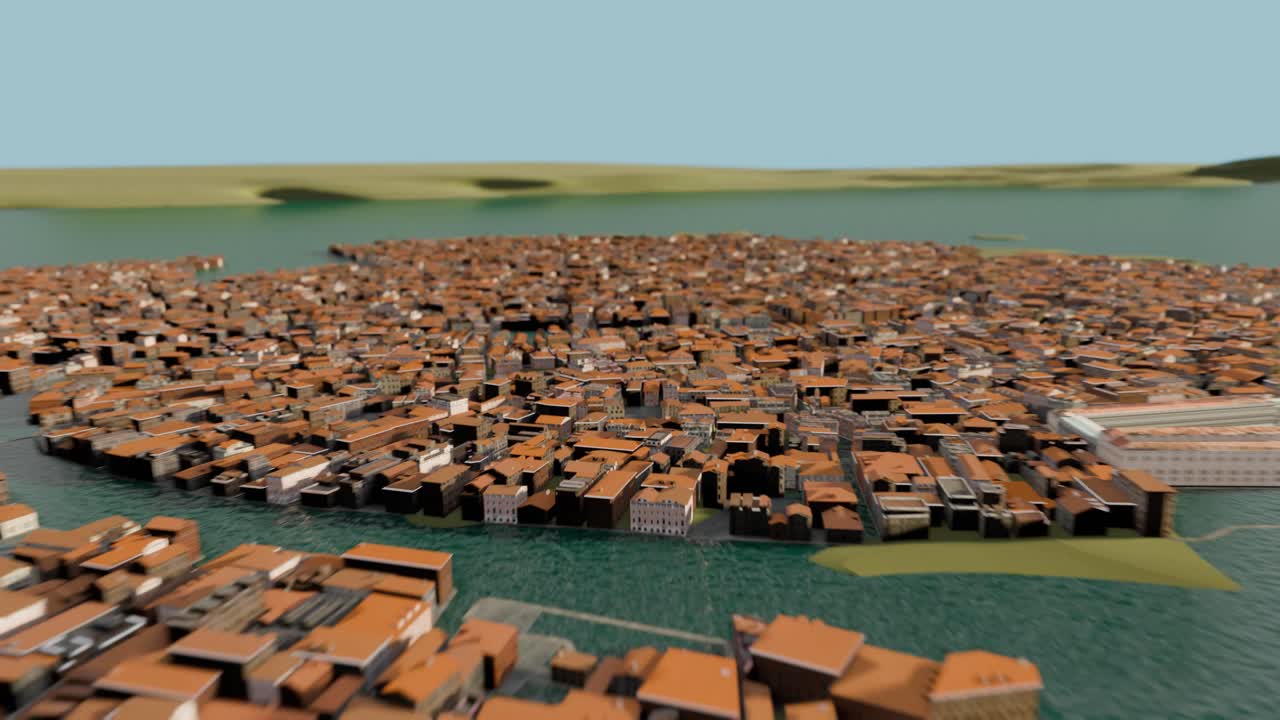 3D Animation showing a drone shot of the city of Venice