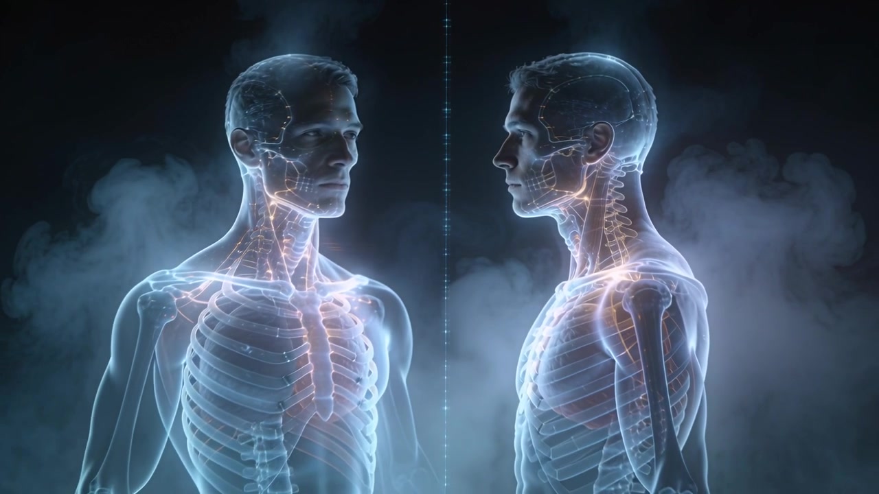 Mannelijke hologrammen vormen zich, roteren, lijnen uit, richten zich naar de middenlijn, met pulserende neurale circuits, ter vergelijking.