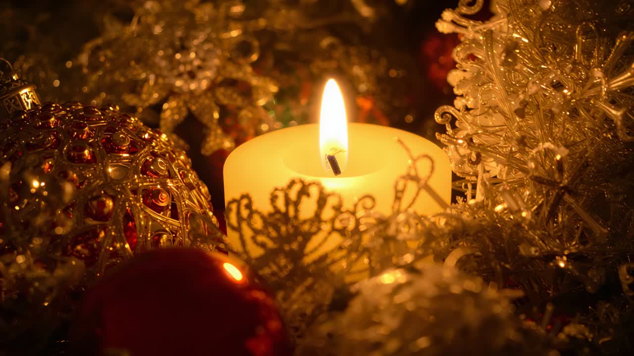 White pillar candle flickering on dim tabletop, illuminating lacelike sleeve and gold filigree