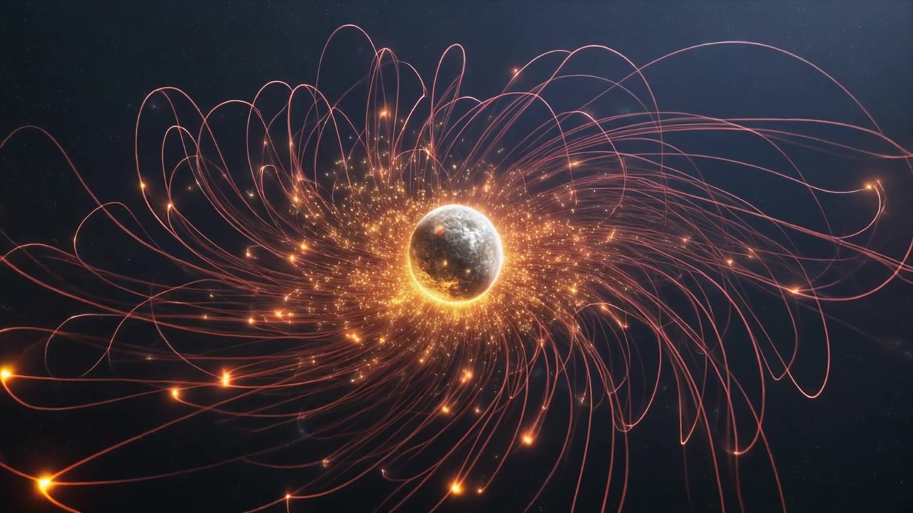 Abstract Animation of Glowing Energy Orbits Around a Central Sphere