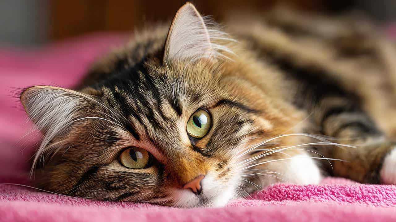 Uno sguardo ravvicinato a un gatto rilassato che sonnecchia su una superficie rosa tenue, catturando la bellezza dei suoi tratti sorprendenti e l'atteggiamento calmo