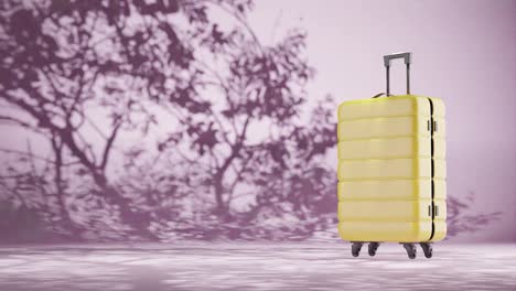 luggage-travel-suitcase-with-nature-plant-tree-summer-breeze-on-purple-sunset-background-concept-of-travel-holiday-and-remote-working-3d-rendering-animation