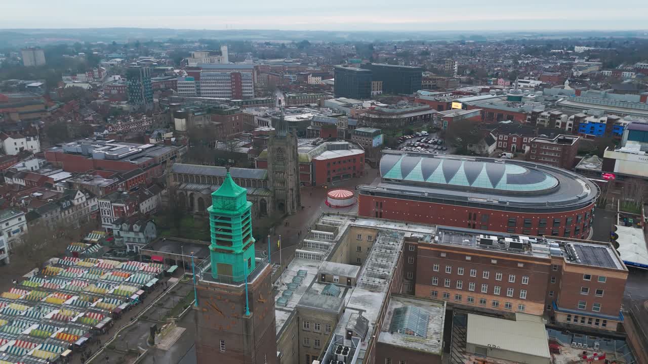 Norwich city center, historic church, and modern architecture in norfolk, aerial view