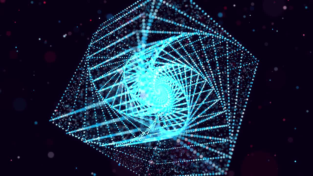 Abstract glow particles form 3d object in space. Cubes. Vj loop as bg of virtual digital space. Particles form holoram shape as concept of big data, network or vr space. Sci-fi motion design bg