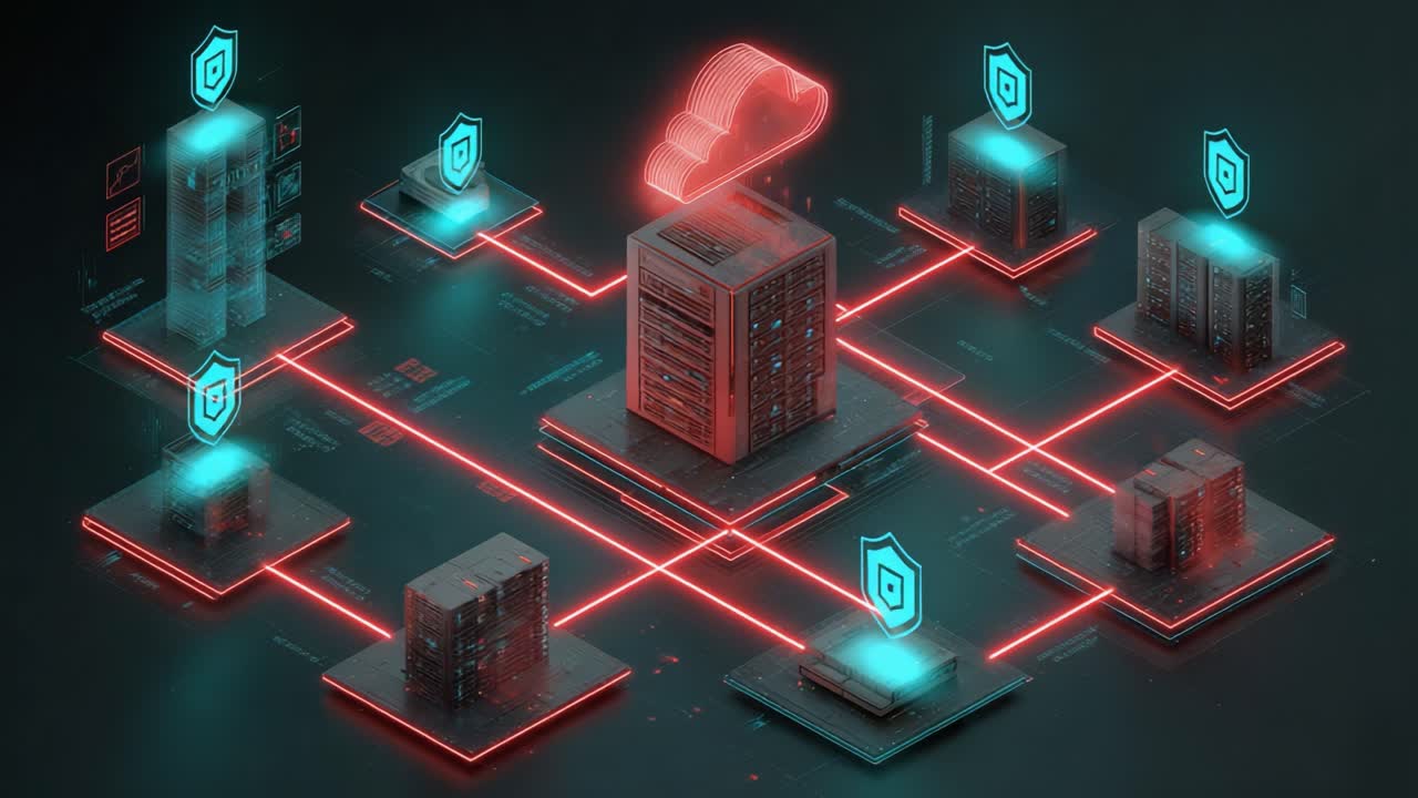 Visual Representation of Advanced Cybersecurity Architecture with Server Networks and Protection Shields Transitioning from Initial Setup to Developed State