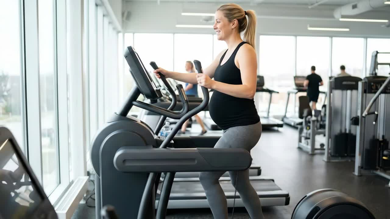 Donna incinta che si allena su una macchina ellittica in palestra