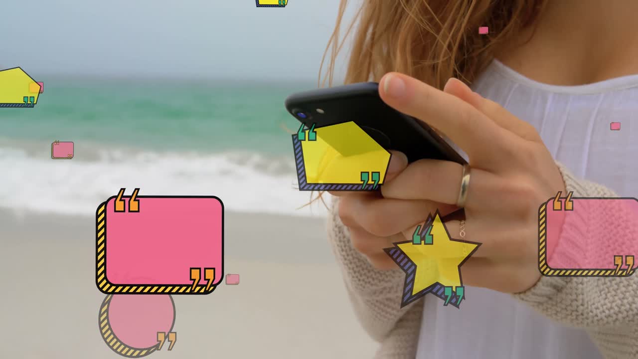 해변에서 스마트폰을 사용하는 백인 여성의 중간 부분에 대한 인용 아이콘의 애니메이션