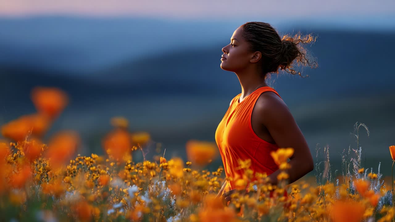A Serene Moment of Reflection in a Vibrant Meadow: Capturing the Beauty of Nature and Self-Discovery Amidst a Sea of Colorful Wildflowers at Dusk