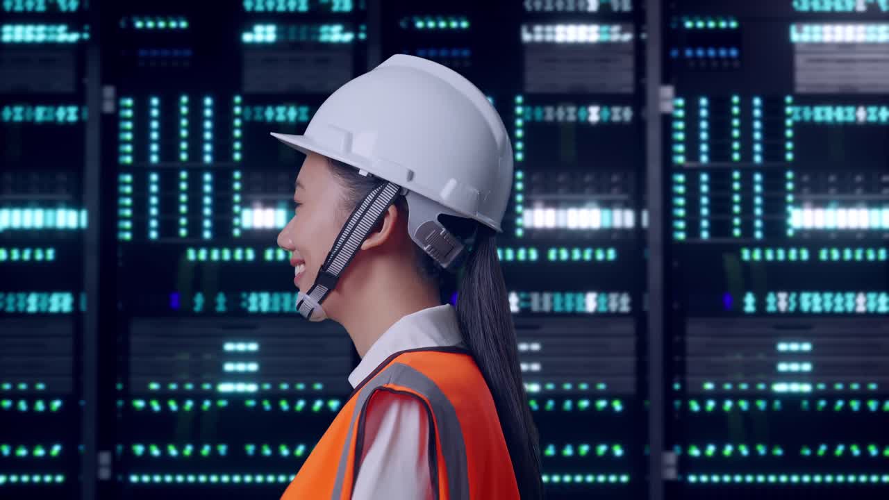 Vista laterale di un'ingegnere asiatica che cammina in una sala server di un data center