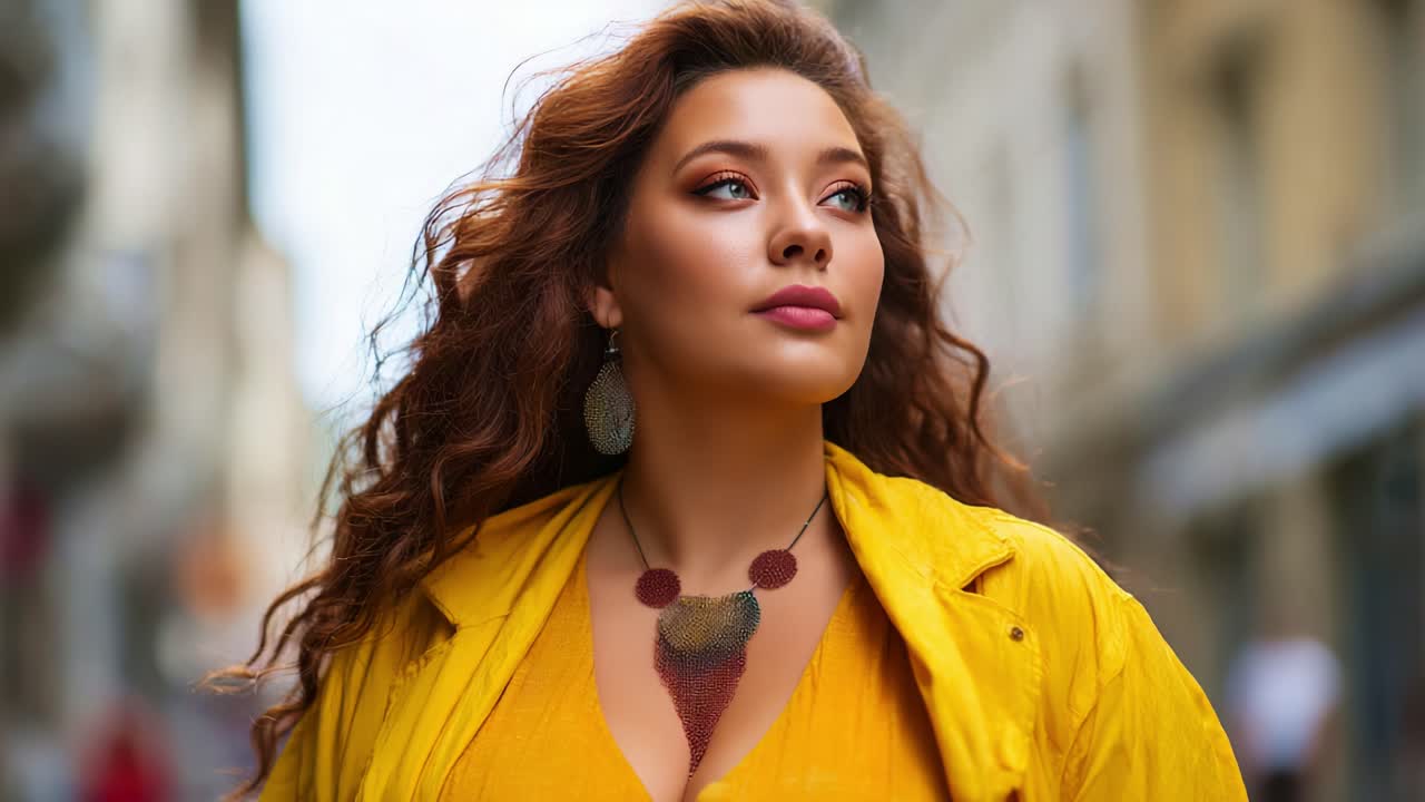 Donna sicura di sé in abito giallo che cammina per le vie della città, enfatizzando stile ed eleganza con lucentezza naturale e riccioli su uno sfondo urbano
