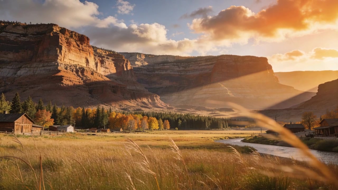 Leuchtender Sandstein-Mesa sonnt sich, Wolken ziehen durch das Tal, mit gewundenem Fluss und Gräsern.