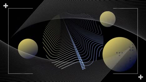 animation of floating curved white lines and yellow spheres on black background