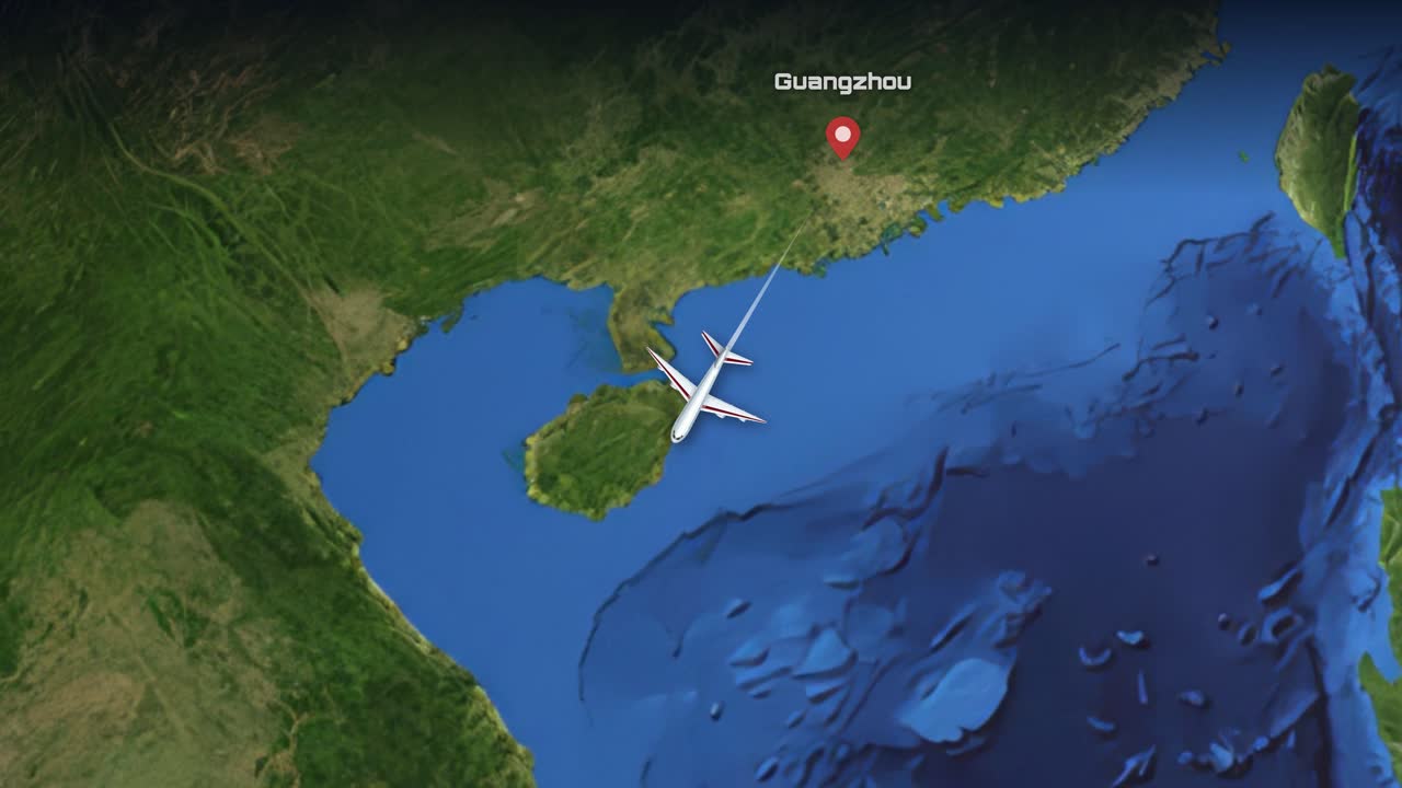 Satellite map animation tracks a commercial airplane flying from southern China to Southeast Asia