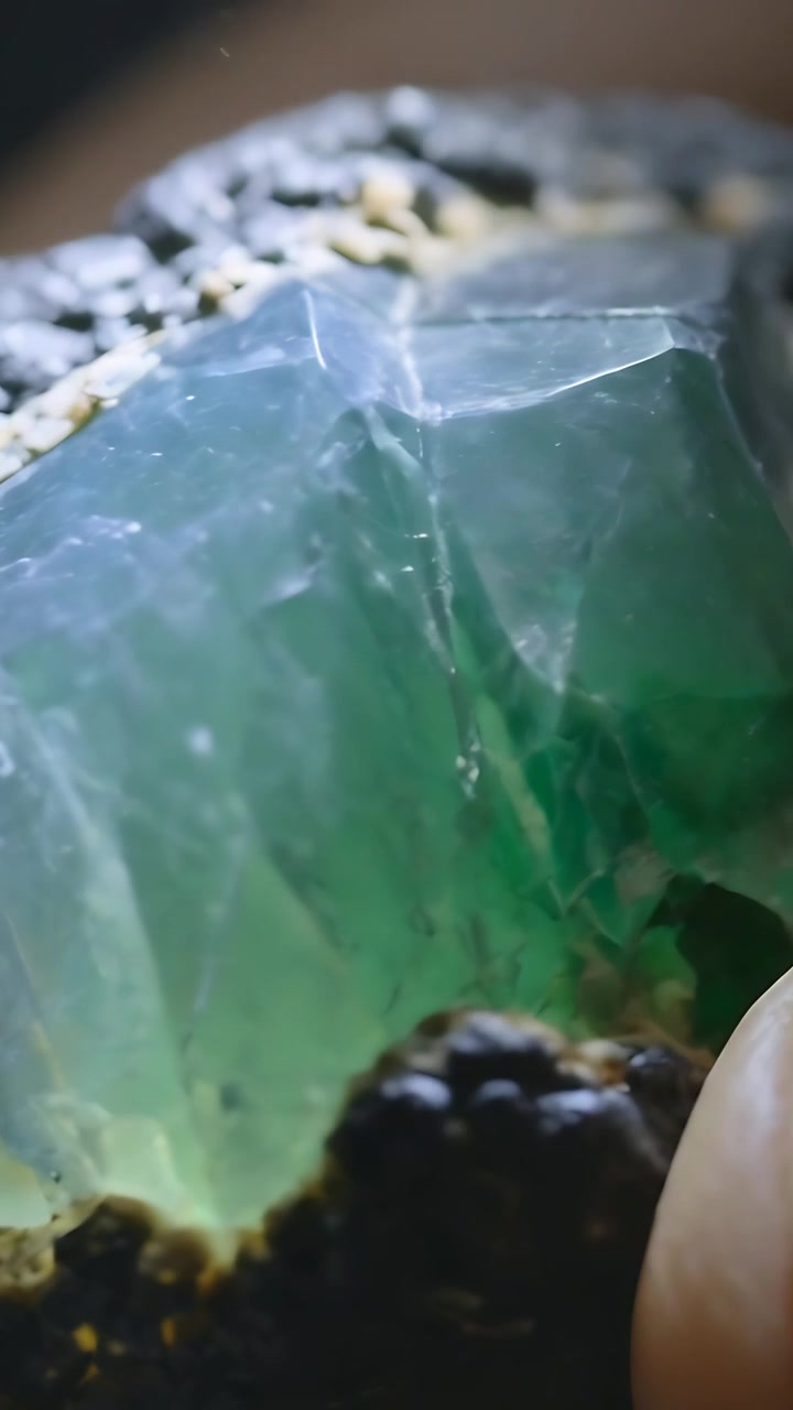 Vídeo vertical: Dedo a tocar causando mudança de foco em cristal verde revelando cavidade interna em macro