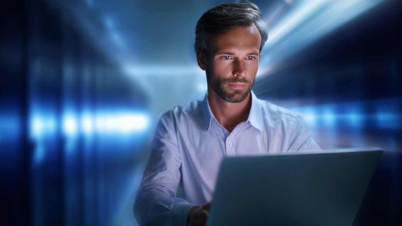 Focused Professional Working on Laptop in Dimly Lit Data Center, Deep in Concentration Amidst a High-Tech Environment with a Sleek, Modern Aesthetic