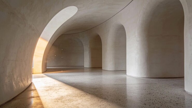 Fascio di luce che scorre attraverso l'arco sinistro lungo le pareti, il sole si sposta nella galleria, rivelando colonne e il bagliore del pavimento