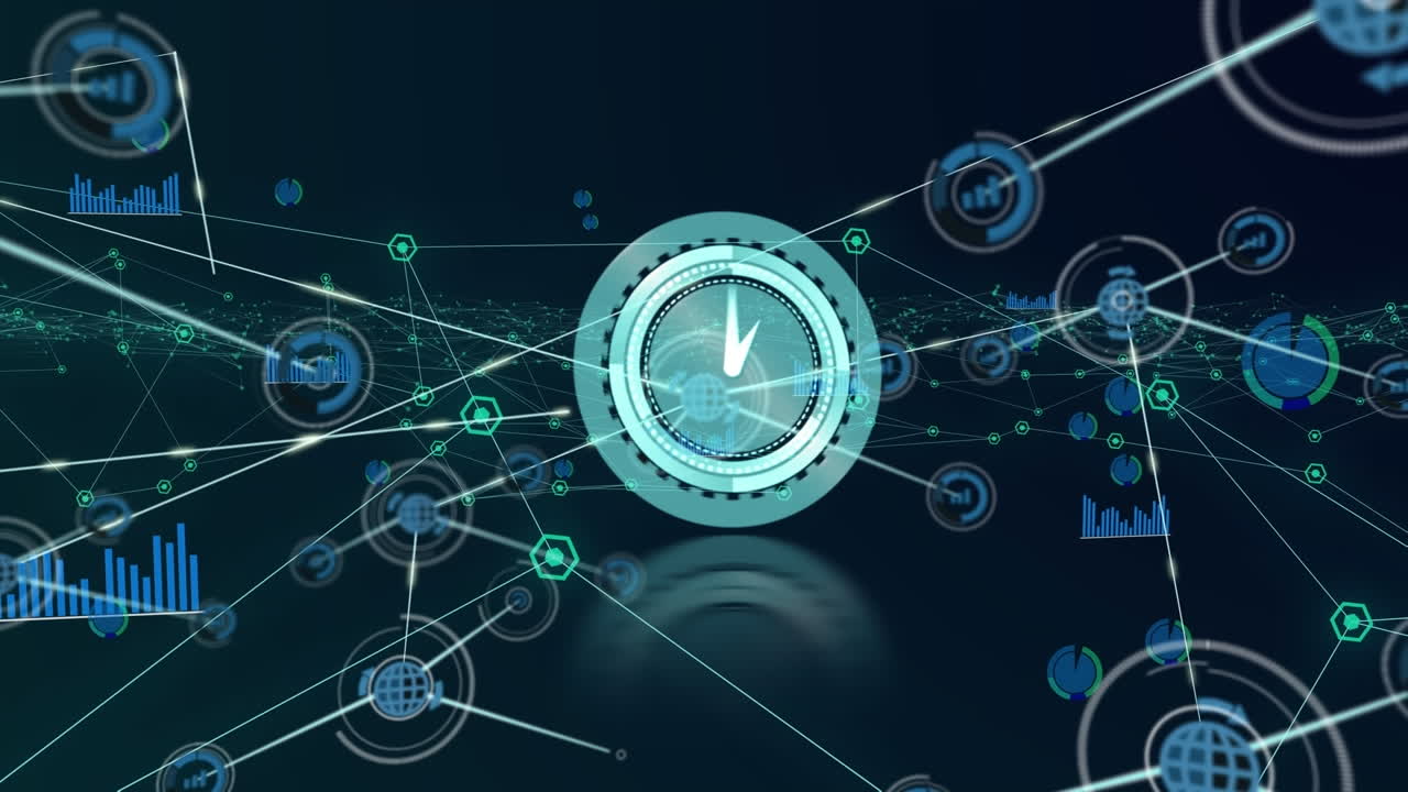 Animation of neon ticking clock over network of digital icons against blue background