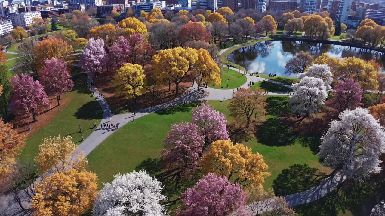 Aerial video captures a vibrant park in autumn, showcasing colorful trees and winding paths