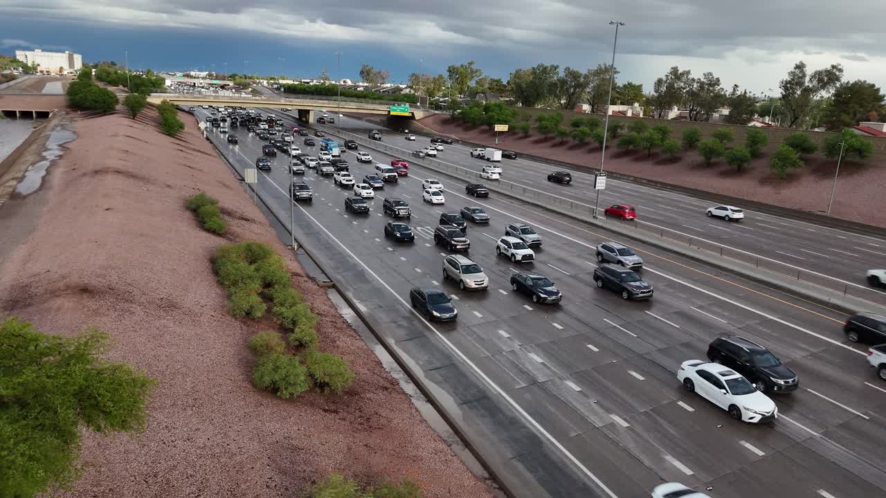 Slow Traffic Jam on Highway 60 Eastbound in Mesa Arizona, Late September, overcast skies, aerial view