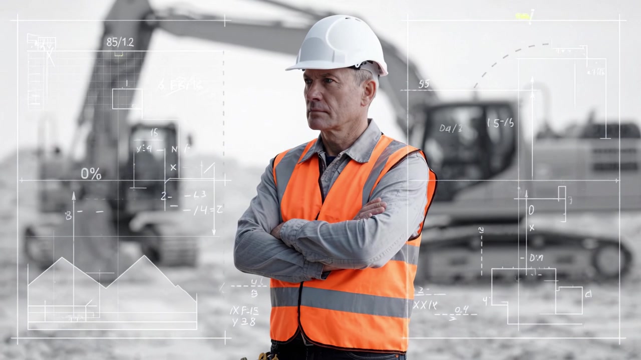 Capocantiere che supervisiona le operazioni di macchinari pesanti e i piani di progetto con disegni ingegneristici dettagliati per lo sviluppo del sito.
