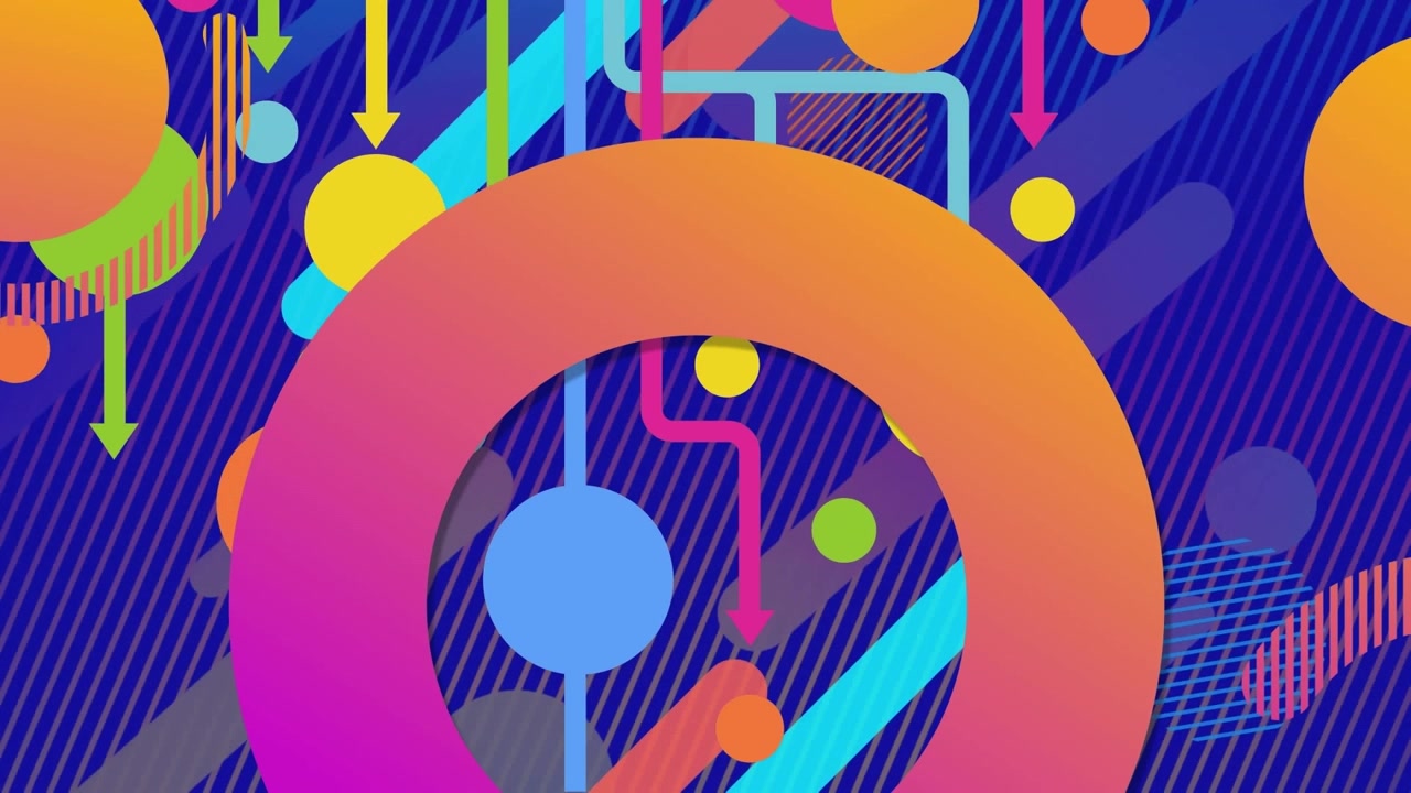 Animation of colorful circles and shapes moving on blue background