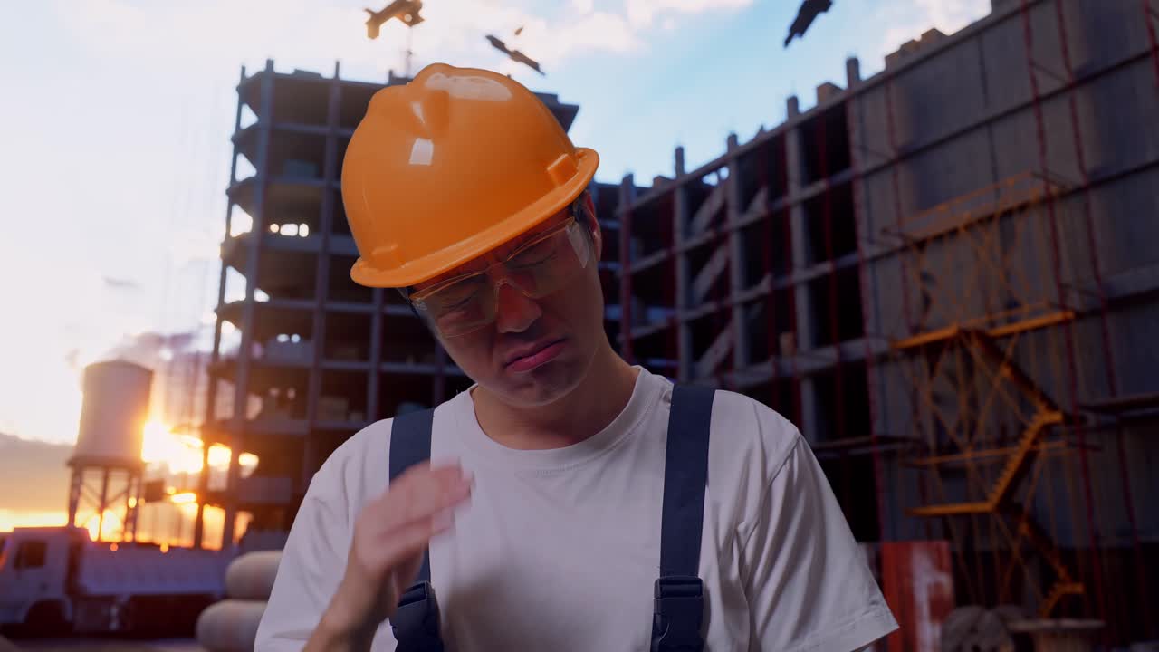 trabajador asiático con dolor de cabeza en el sitio de construcción