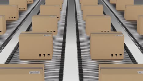 Rows-of-cardboard-packing-boxes-moving-on-conveyor-belts