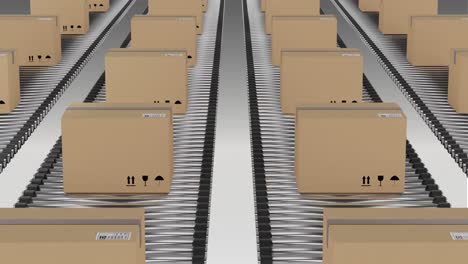 rows of cardboard packing boxes moving on conveyor belts