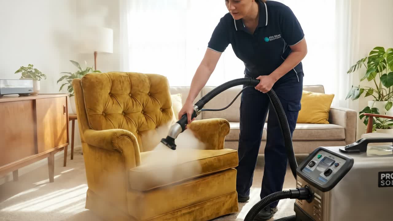 Woman Professionally Steam Cleaning an Armchair in a Living Room