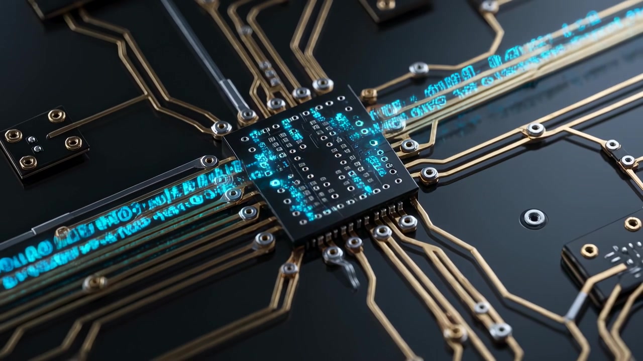 Advancing cyan glow along trace, IC receiving data on PCB with gold traces and solder pads