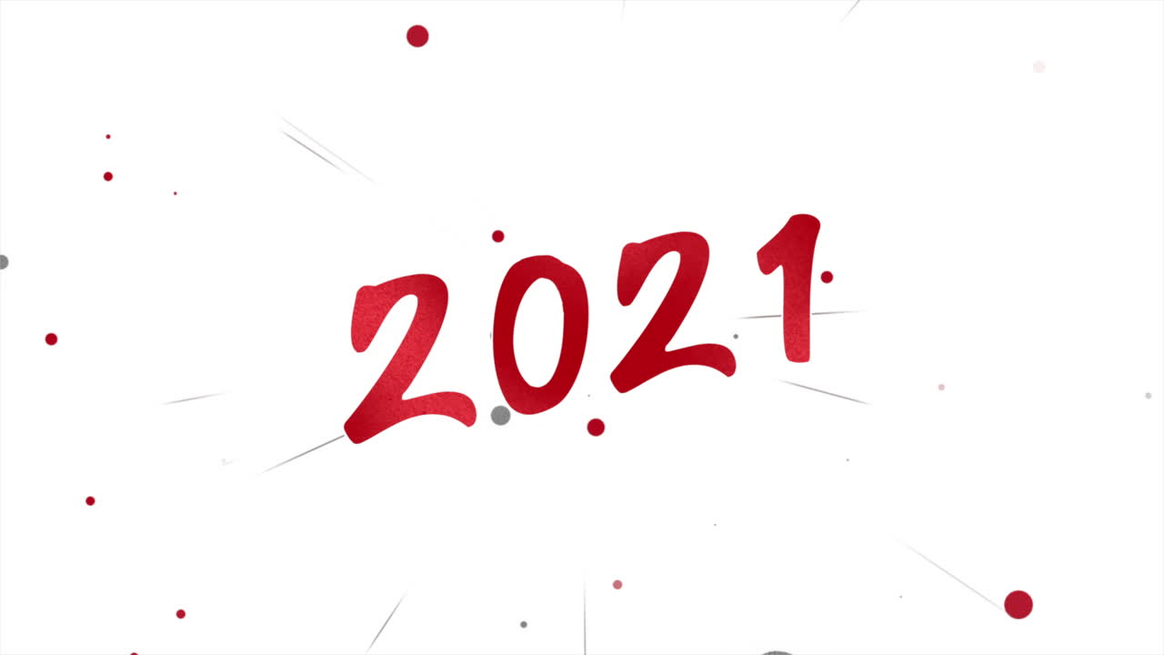 primer plano animado 2021 texto y confeti rojo volador sobre fondo de vacaciones