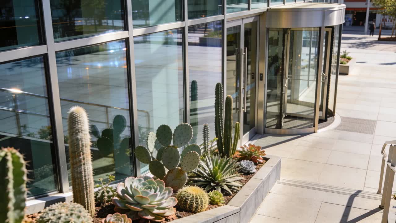 Panning camera revealing planter with succulents, cacti at office entrance, showing revolving door