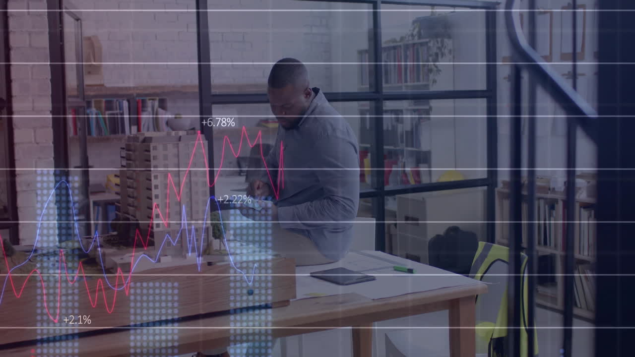 Animation von Finanzdatenverarbeitung über einem afroamerikanischen Geschäftsmann im Büro