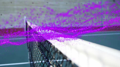 3d render tennis net stretching diagonally with magenta particles swirling across green court