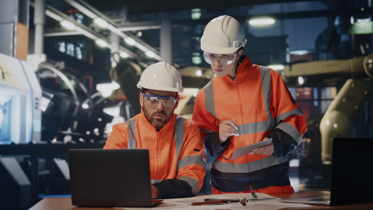 Team factory workers talking together looking laptop computer at production.