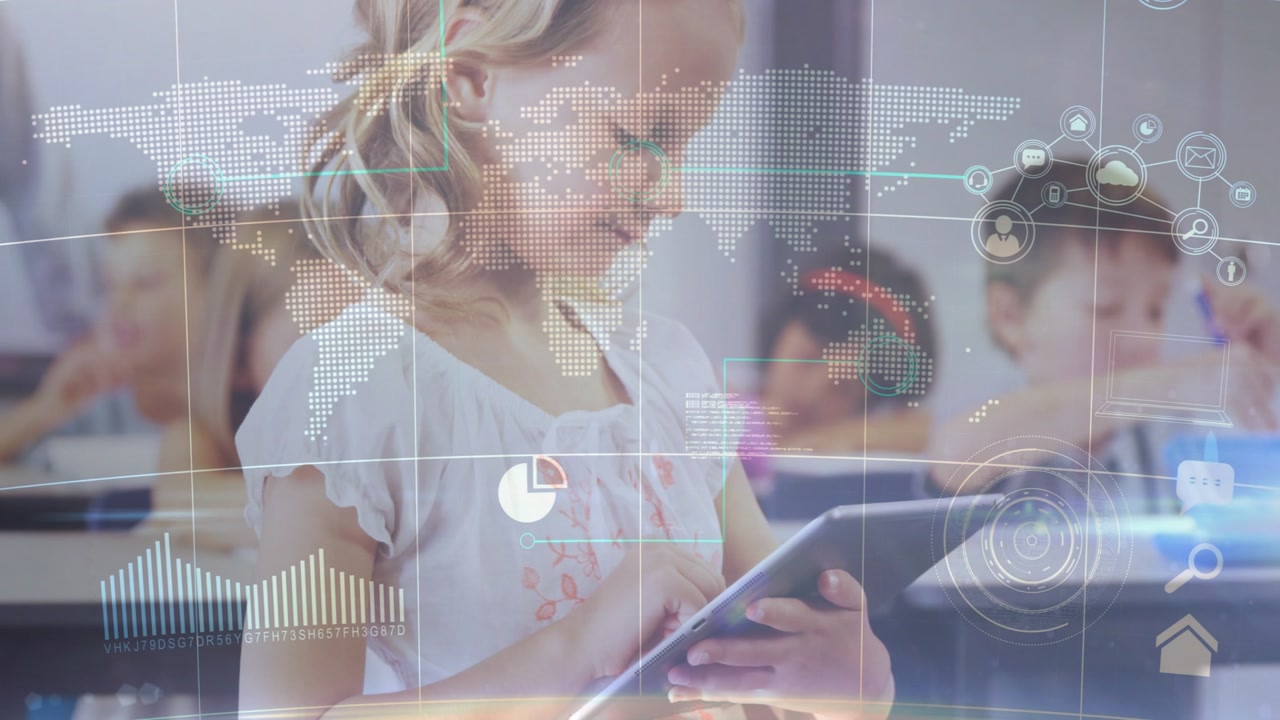 Girl standing in classroom, tapping tablet and revealing animated map charts for education