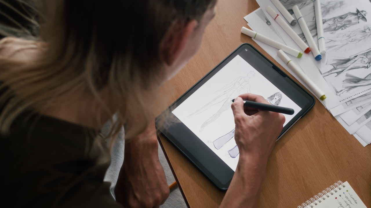 Designer Sketching on Digital Tablet at Table