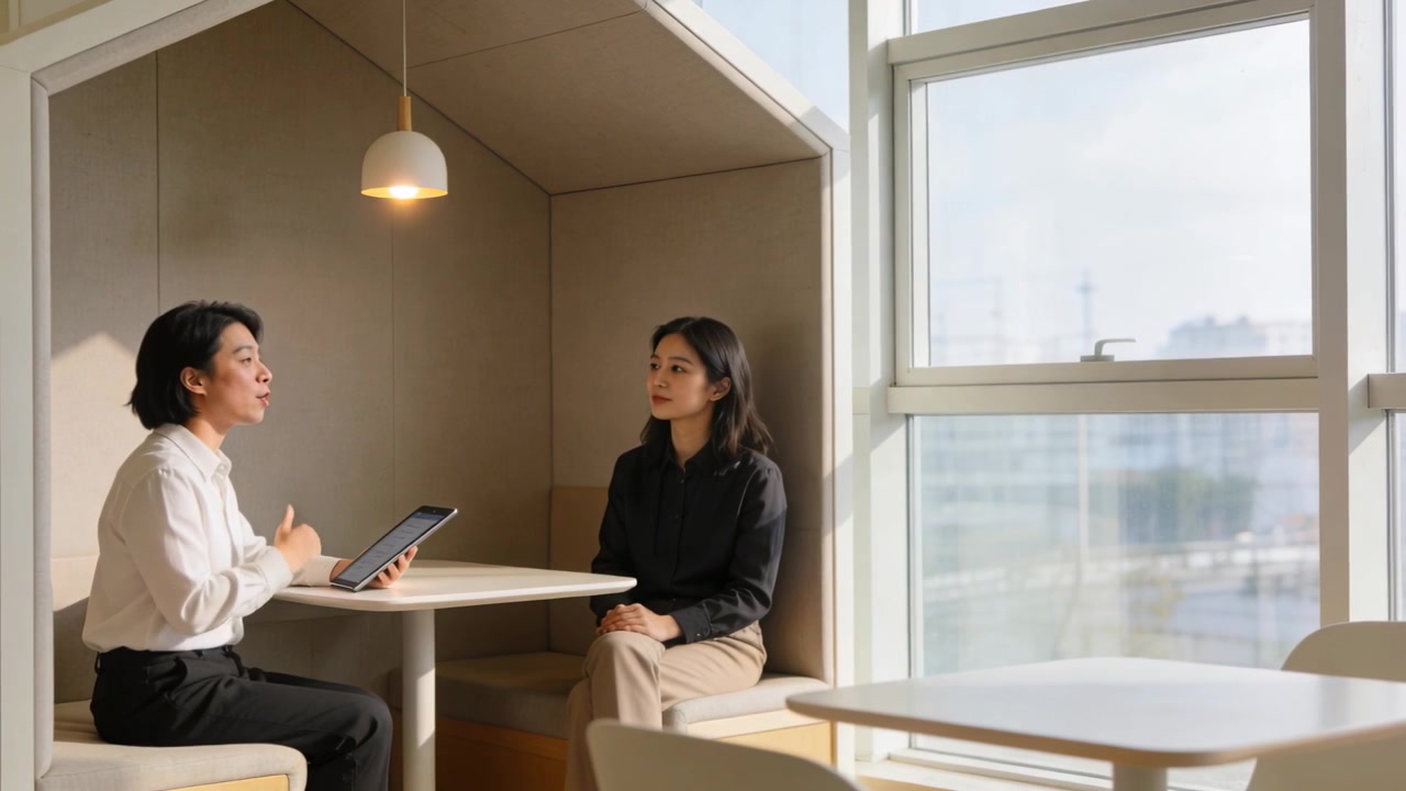 Looking up, speaker in white top tapping tablet, explaining to listener in meeting nook, copy space