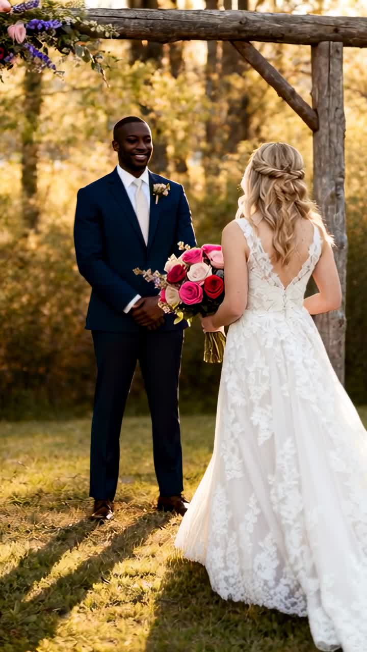 Vertical video: Stepping closer bride in gown presenting bouquet under arch, groom in suit taking