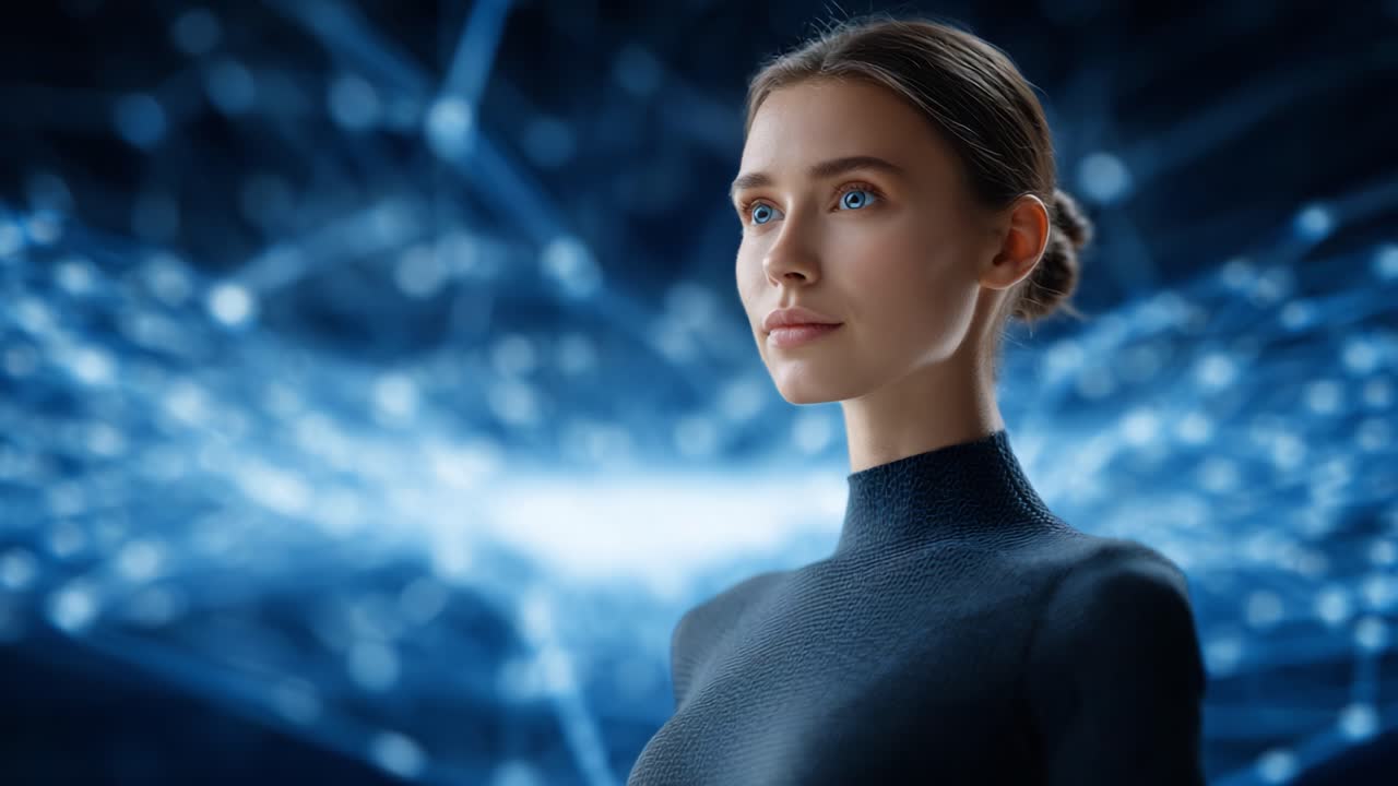 A visionary figure stands in a futuristic landscape of swirling blue lights and networking connections, embodying innovation and possibility in a digital realm