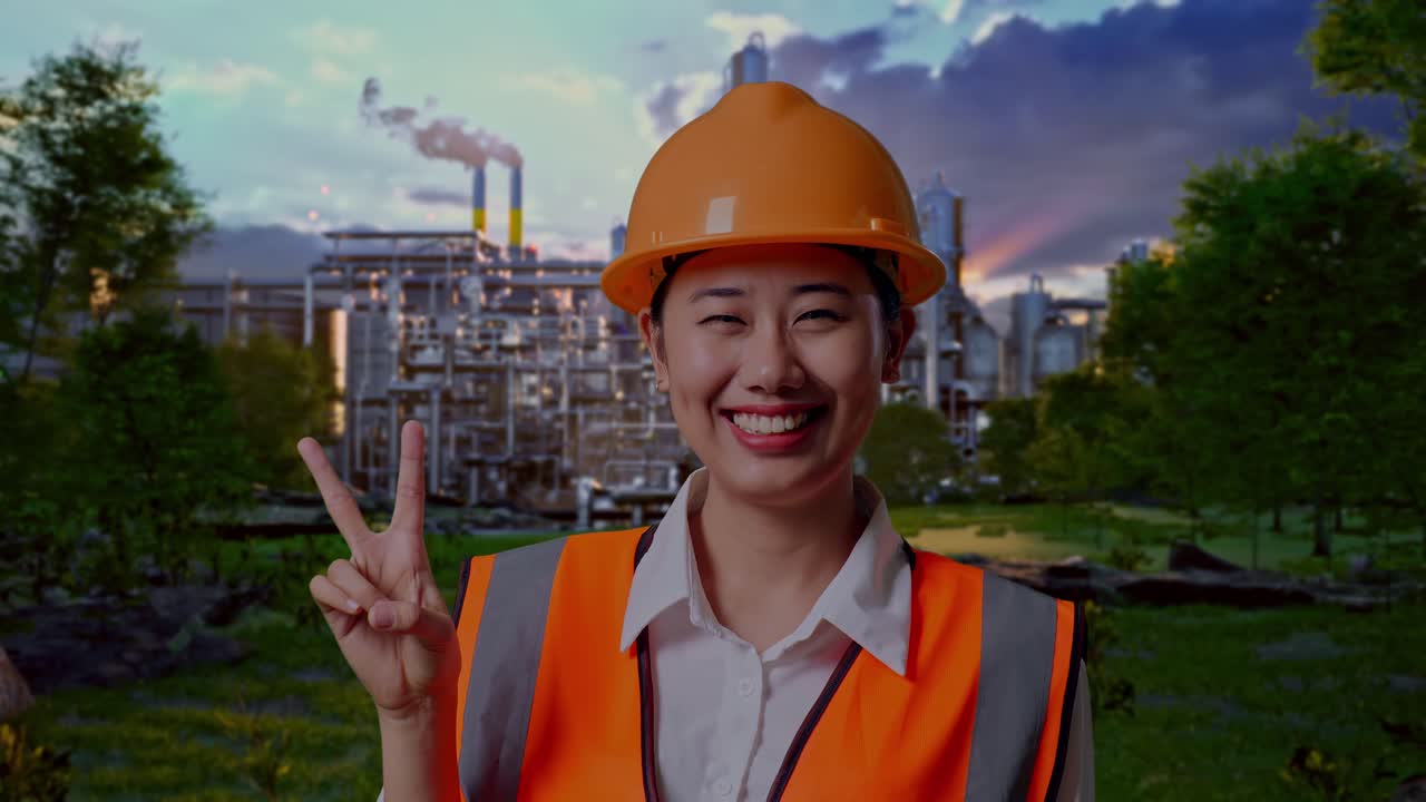 Close Up Of Asian Female Engineer With Safety Helmet Smiling And Showing Peace Gesture While Standing In Front Of Oil Refinery