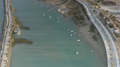 aerial view of a coastal estuary with boats