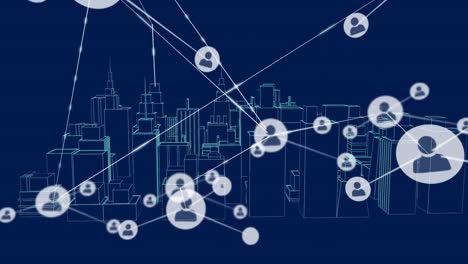 animation of network of connections with people icons over 3d architectural city model